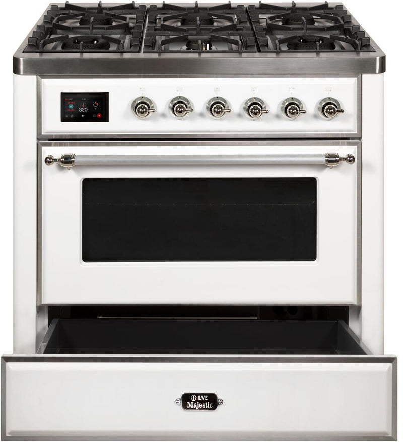 ILVE 36" Majestic II Dual Fuel Range with 6 Burners - 3.5 cu. ft. Oven - Chrome Trim in White (UM096DNS3WHC)