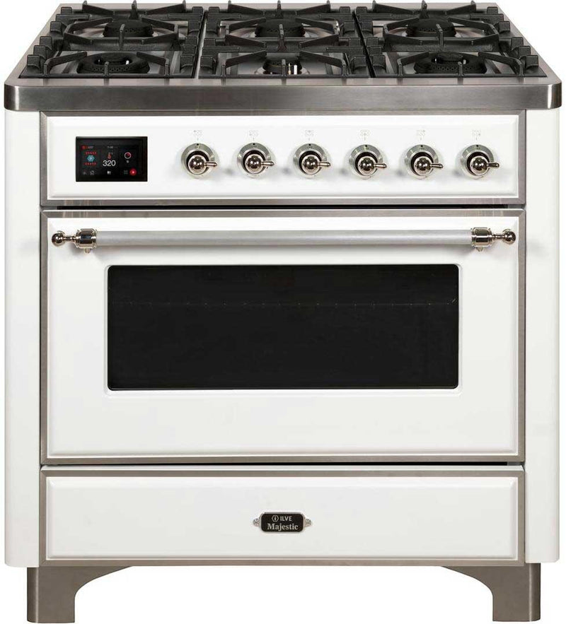 ILVE 36" Majestic II Dual Fuel Range with 6 Burners - 3.5 cu. ft. Oven - Chrome Trim in White (UM096DNS3WHC)