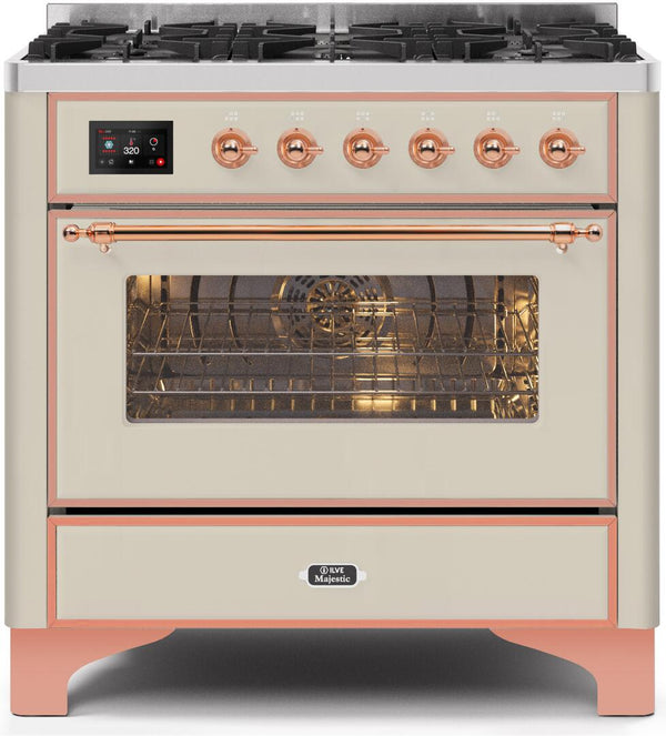 ILVE 36" Majestic II Dual Fuel Range with 6 Burners - 3.5 cu. ft. Oven - Copper Trim in Antique White (UM096DNS3AWP)