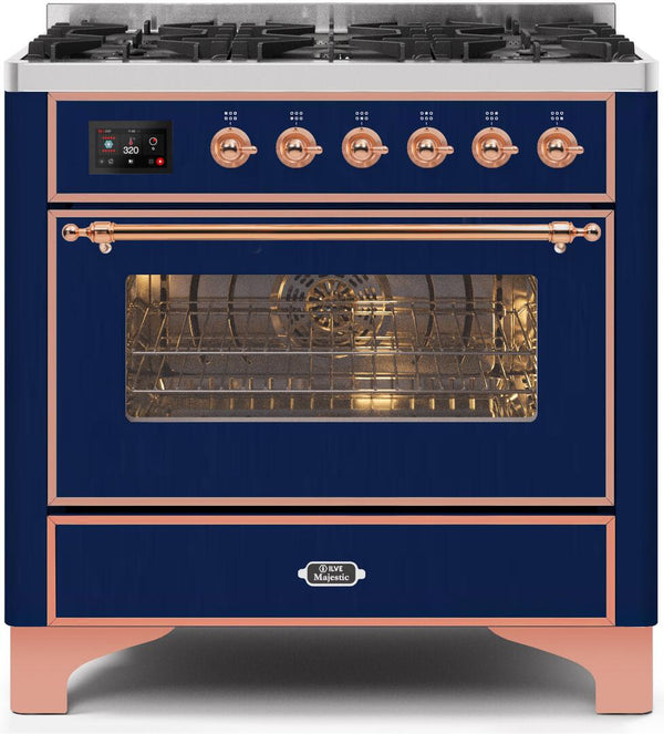 ILVE 36" Majestic II Dual Fuel Range with 6 Burners - 3.5 cu. ft. Oven - Copper Trim in Blue (UM096DNS3MBP)