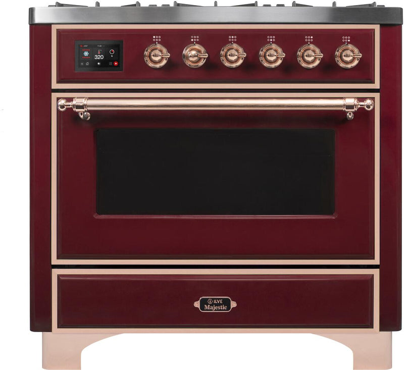 ILVE 36" Majestic II Dual Fuel Range with 6 Burners - 3.5 cu. ft. Oven - Copper Trim in Burgundy (UM096DNS3BUP)