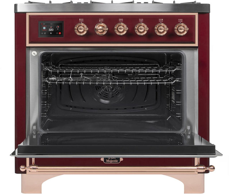 ILVE 36" Majestic II Dual Fuel Range with 6 Burners - 3.5 cu. ft. Oven - Copper Trim in Burgundy (UM096DNS3BUP)