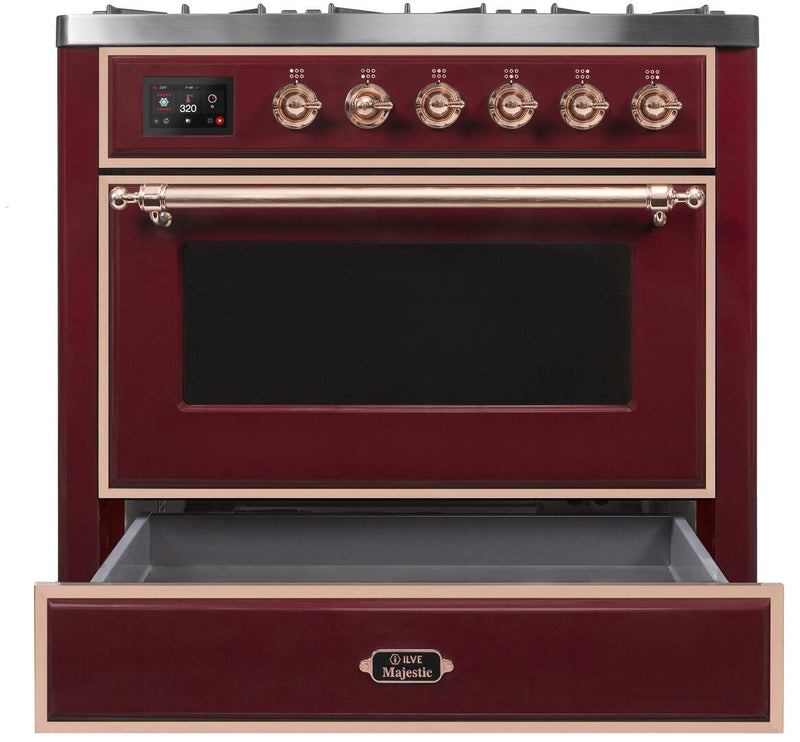 ILVE 36" Majestic II Dual Fuel Range with 6 Burners - 3.5 cu. ft. Oven - Copper Trim in Burgundy (UM096DNS3BUP)