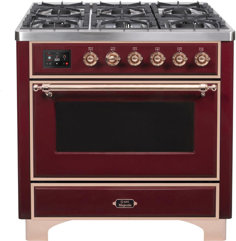 ILVE 36" Majestic II Dual Fuel Range with 6 Burners - 3.5 cu. ft. Oven - Copper Trim in Burgundy (UM096DNS3BUP)