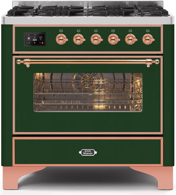 ILVE 36" Majestic II Dual Fuel Range with 6 Burners - 3.5 cu. ft. Oven - Copper Trim in Emerald Green (UM096DNS3EGP)