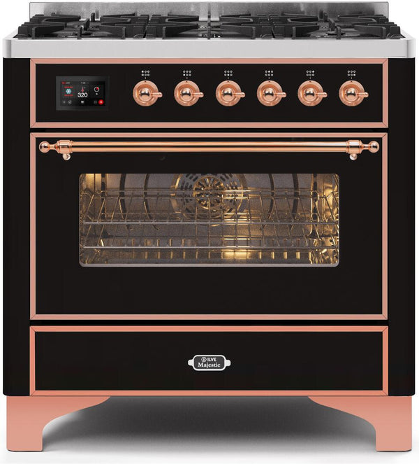 ILVE 36" Majestic II Dual Fuel Range with 6 Burners - 3.5 cu. ft. Oven - Copper Trim in Glossy Black (UM096DNS3BKP)