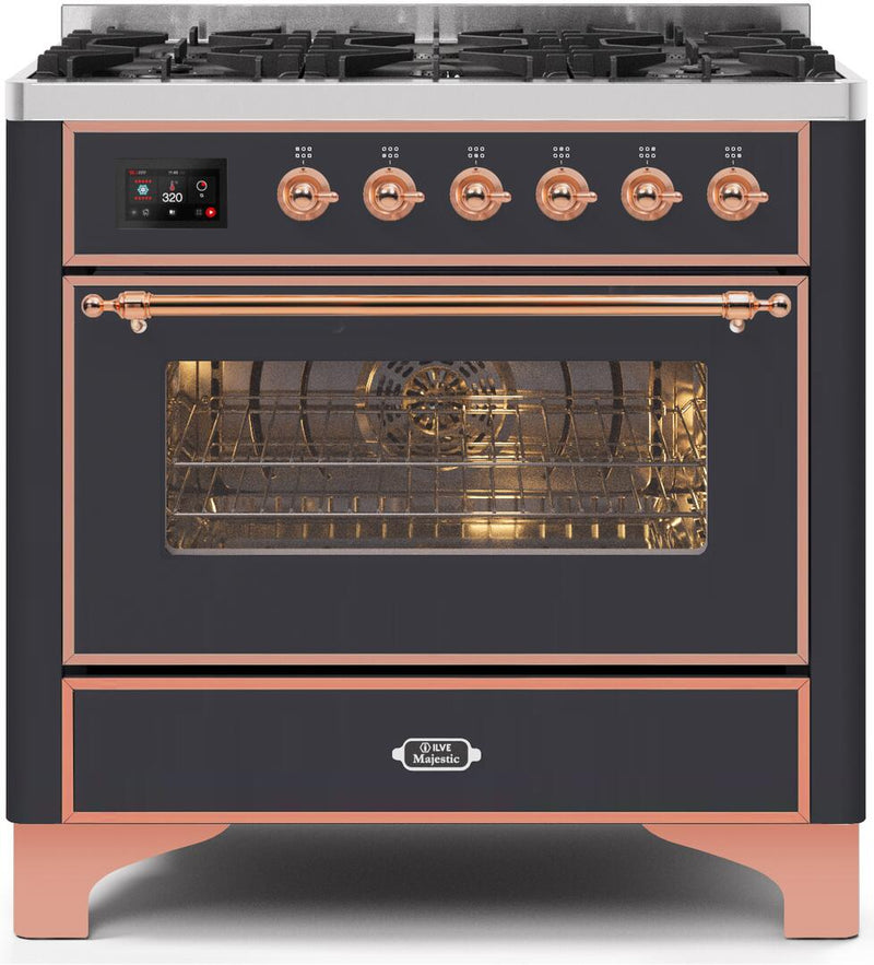 ILVE 36" Majestic II Dual Fuel Range with 6 Burners - 3.5 cu. ft. Oven - Copper Trim in Matte Graphite (UM096DNS3MGP)