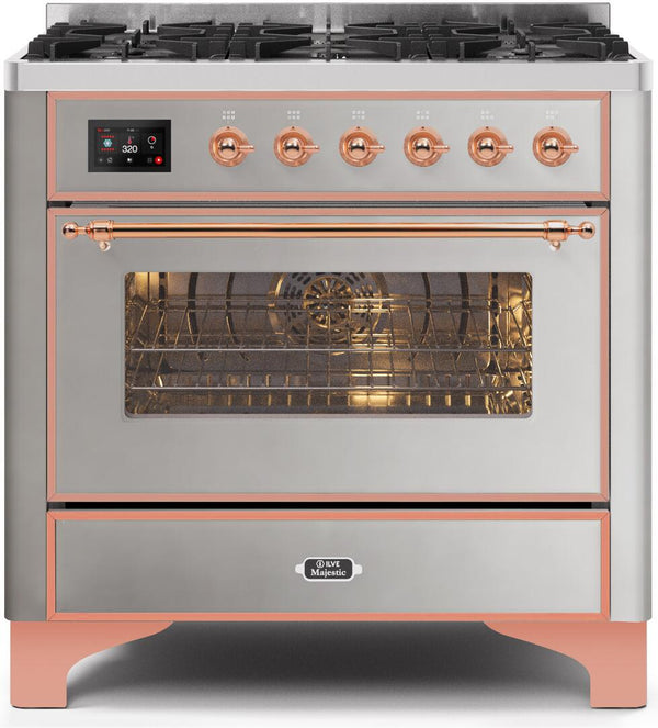 ILVE 36" Majestic II Dual Fuel Range with 6 Burners - 3.5 cu. ft. Oven - Copper Trim in Stainless Steel (UM096DNS3SSP)