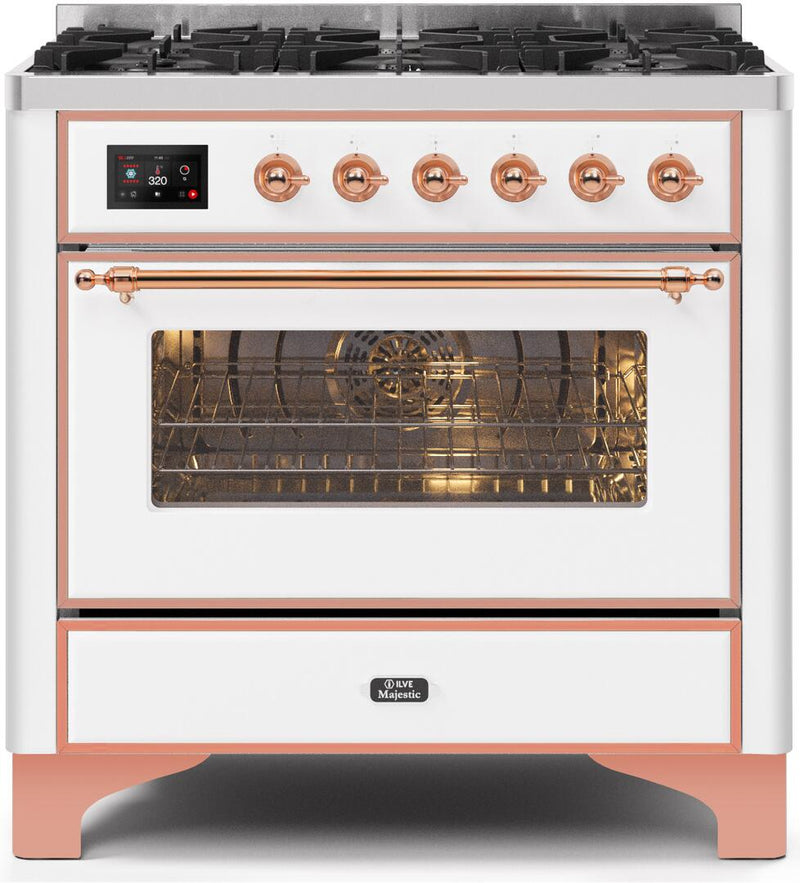 ILVE 36" Majestic II Dual Fuel Range with 6 Burners - 3.5 cu. ft. Oven - Copper Trim in White (UM096DNS3WHP)