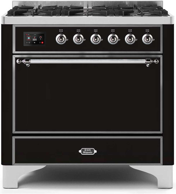 ILVE 36" Majestic II Dual Fuel Range with 6 Burners - 3.5 cu. ft. Oven - Glossy Black (UM096DQNS3BKC)