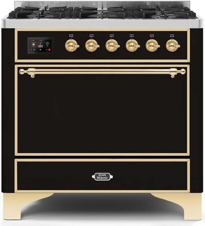 ILVE 36" Majestic II Dual Fuel Range with 6 Burners - 3.5 cu. ft. Oven - Glossy Black (UM096DQNS3BKG)