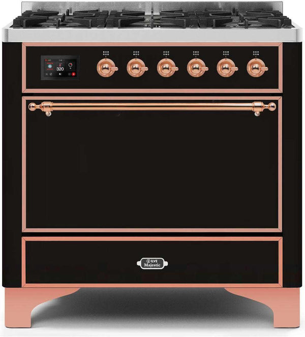 ILVE 36" Majestic II Dual Fuel Range with 6 Burners - 3.5 cu. ft. Oven - Glossy Black (UM096DQNS3BKP)