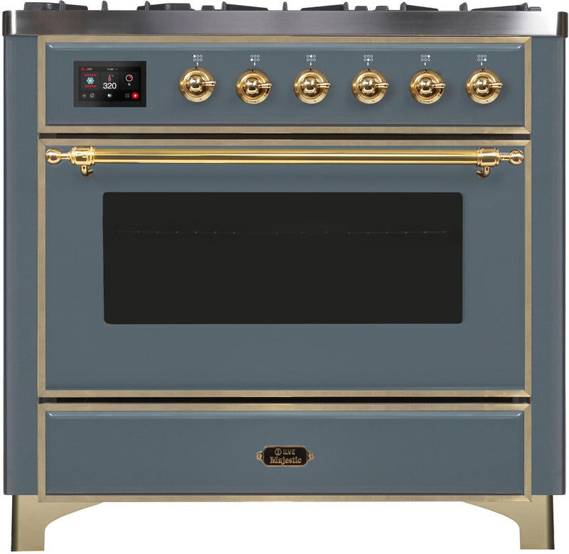 ILVE 36" Majestic II Dual Fuel Range with 6 Burners - 4.1 cu. ft. Oven - in Blue Grey with Brass Trim (UM096DNS3BGG)