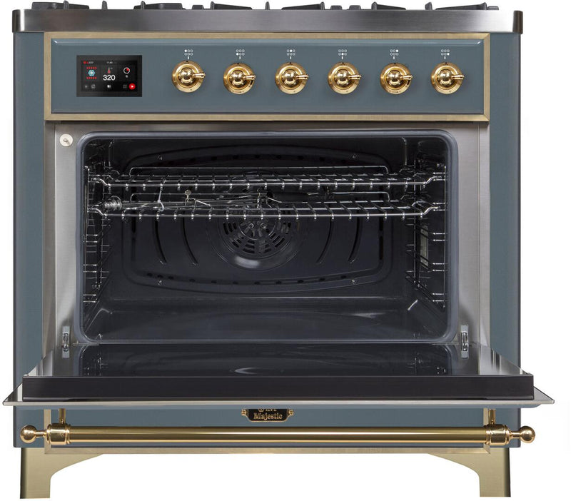 ILVE 36" Majestic II Dual Fuel Range with 6 Burners - 4.1 cu. ft. Oven - in Blue Grey with Brass Trim (UM096DNS3BGG)