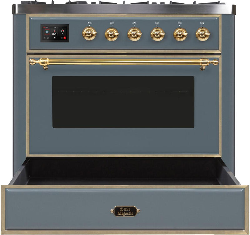 ILVE 36" Majestic II Dual Fuel Range with 6 Burners - 4.1 cu. ft. Oven - in Blue Grey with Brass Trim (UM096DNS3BGG)