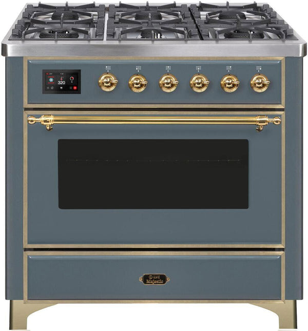 ILVE 36" Majestic II Dual Fuel Range with 6 Burners - 4.1 cu. ft. Oven - in Blue Grey with Brass Trim (UM096DNS3BGG)