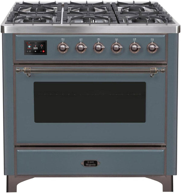 ILVE 36" Majestic II Dual Fuel Range with 6 Burners - 4.1 cu. ft. Oven - in Blue Grey with Bronze Trim (UM096DNS3BGB)