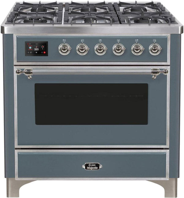 ILVE 36" Majestic II Dual Fuel Range with 6 Burners - 4.1 cu. ft. Oven - in Blue Grey with Chrome Trim (UM096DNS3BGC)