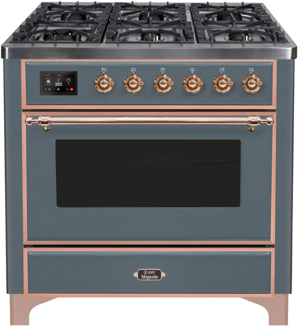 ILVE 36" Majestic II Dual Fuel Range with 6 Burners - 4.1 cu. ft. Oven - in Blue Grey with Copper Trim (UM096DNS3BGP)