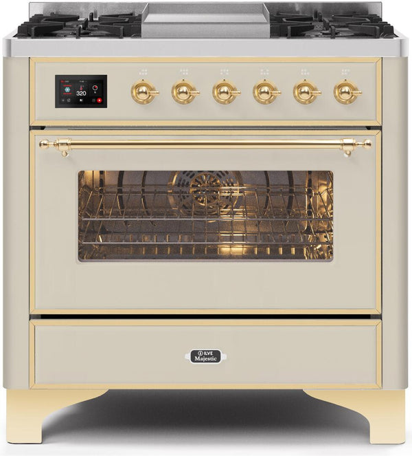 ILVE 36" Majestic II Dual Fuel Range with 6 Burners and Griddle - 3.5 cu. ft. Oven - Brass Trim in Antique White (UM09FDNS3AWG)