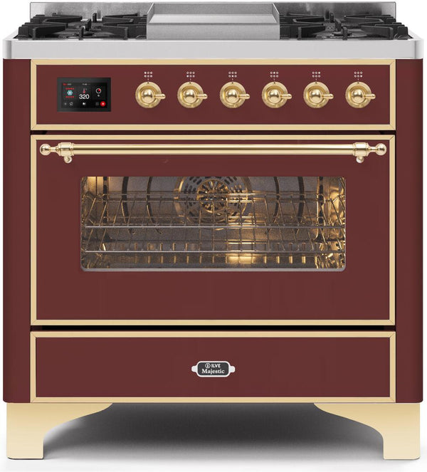 ILVE 36" Majestic II Dual Fuel Range with 6 Burners and Griddle - 3.5 cu. ft. Oven - Brass Trim in Burgundy (UM09FDNS3BUG)