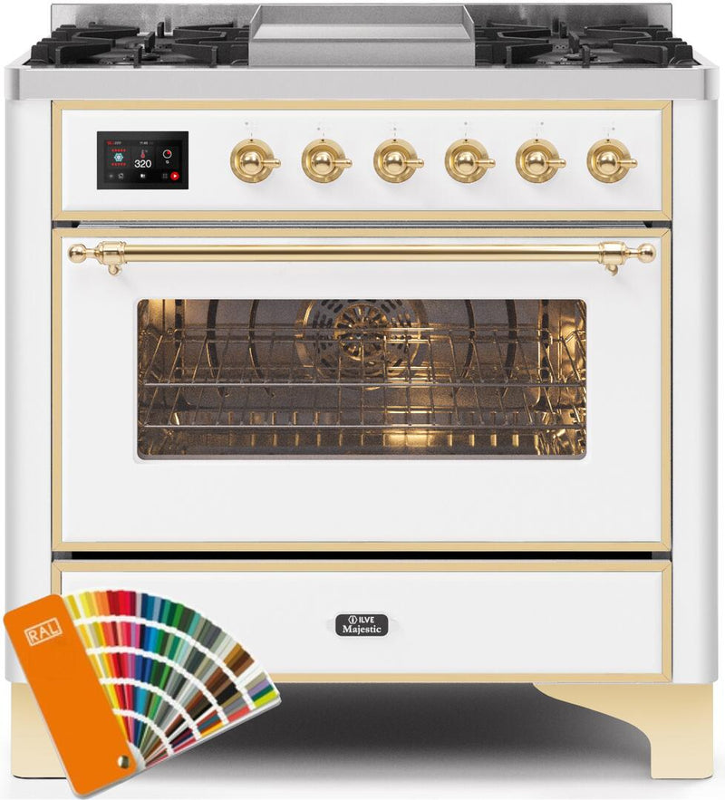 ILVE 36" Majestic II Dual Fuel Range with 6 Burners and Griddle - 3.5 cu. ft. Oven - Brass Trim in Custom RAL Color (UM09FDNS3RALG)