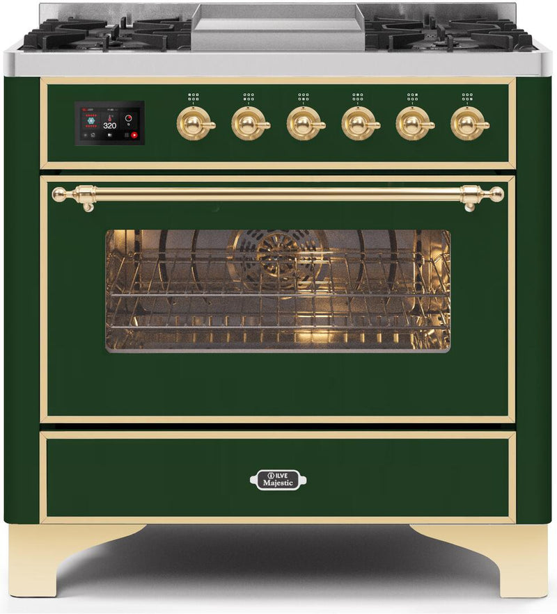 ILVE 36" Majestic II Dual Fuel Range with 6 Burners and Griddle - 3.5 cu. ft. Oven - Brass Trim in Emerald Green (UM09FDNS3EGG)