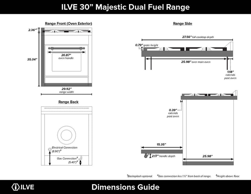 ILVE 36" Majestic II Dual Fuel Range with 6 Burners and Griddle - 3.5 cu. ft. Oven - Brass Trim in Glossy Black (UM09FDNS3BKG)