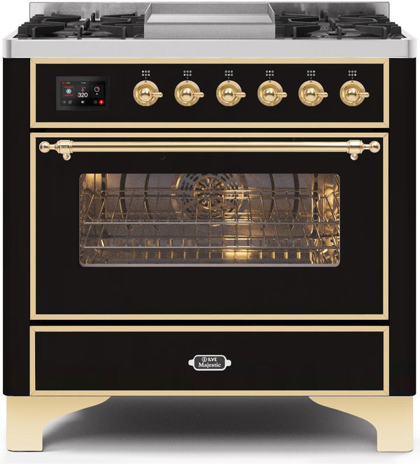 ILVE 36" Majestic II Dual Fuel Range with 6 Burners and Griddle - 3.5 cu. ft. Oven - Brass Trim in Glossy Black (UM09FDNS3BKG)