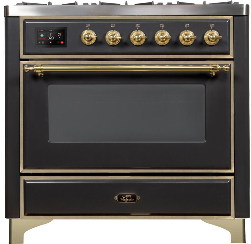 ILVE 36" Majestic II Dual Fuel Range with 6 Burners and Griddle - 3.5 cu. ft. Oven - Brass Trim in Matte Graphite (UM09FDNS3MGG)