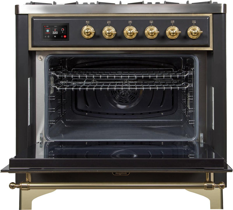 ILVE 36" Majestic II Dual Fuel Range with 6 Burners and Griddle - 3.5 cu. ft. Oven - Brass Trim in Matte Graphite (UM09FDNS3MGG)