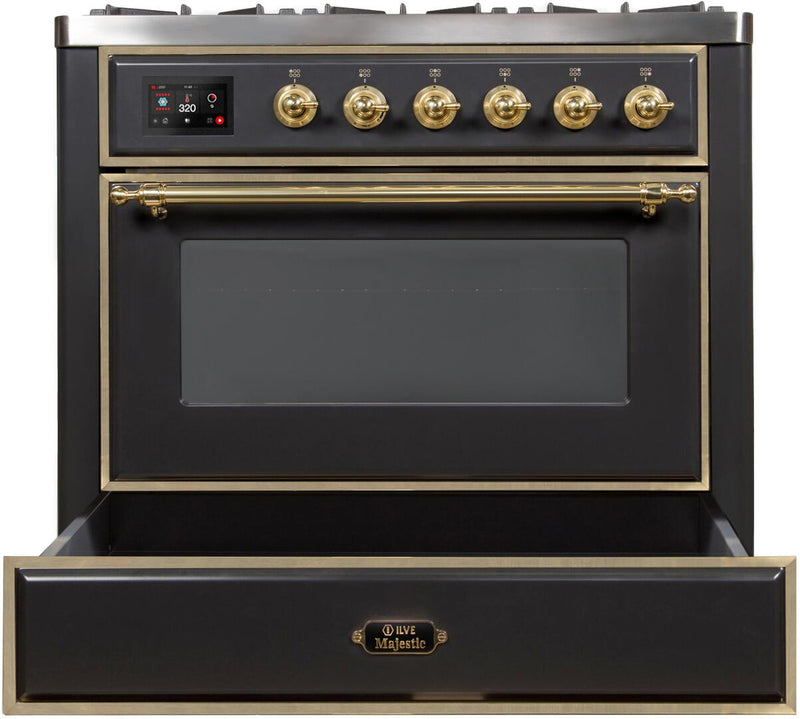 ILVE 36" Majestic II Dual Fuel Range with 6 Burners and Griddle - 3.5 cu. ft. Oven - Brass Trim in Matte Graphite (UM09FDNS3MGG)