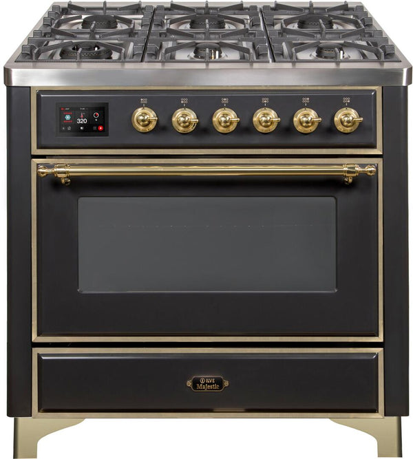 ILVE 36" Majestic II Dual Fuel Range with 6 Burners and Griddle - 3.5 cu. ft. Oven - Brass Trim in Matte Graphite (UM09FDNS3MGG)