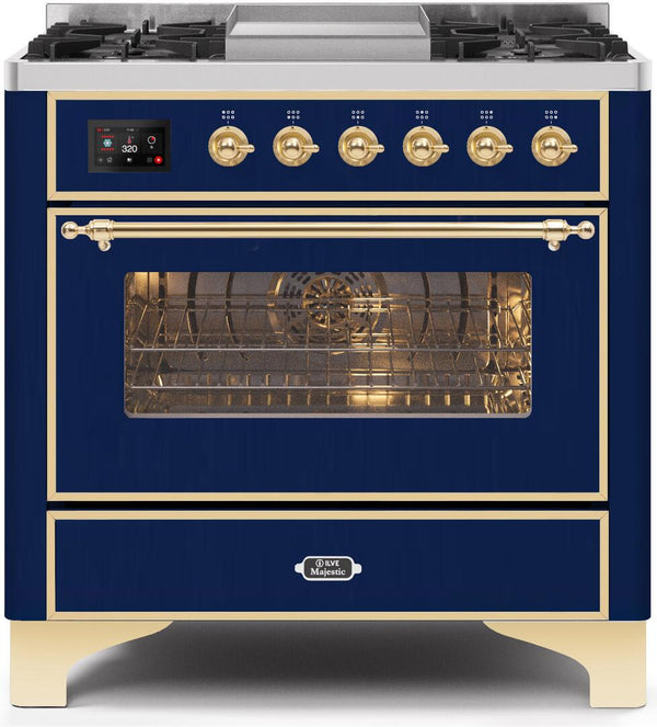 ILVE 36" Majestic II Dual Fuel Range with 6 Burners and Griddle - 3.5 cu. ft. Oven - Brass Trim in Midnight Blue (UM09FDNS3MBG)