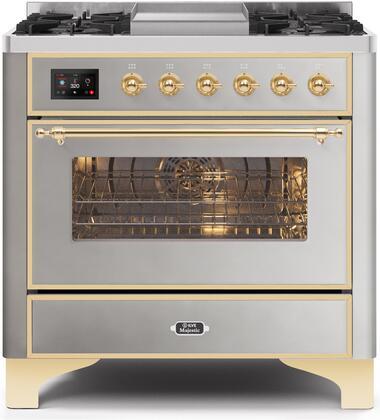 ILVE 36" Majestic II Dual Fuel Range with 6 Burners and Griddle - 3.5 cu. ft. Oven - Brass Trim in Stainless Steel (UM09FDNS3SSG)