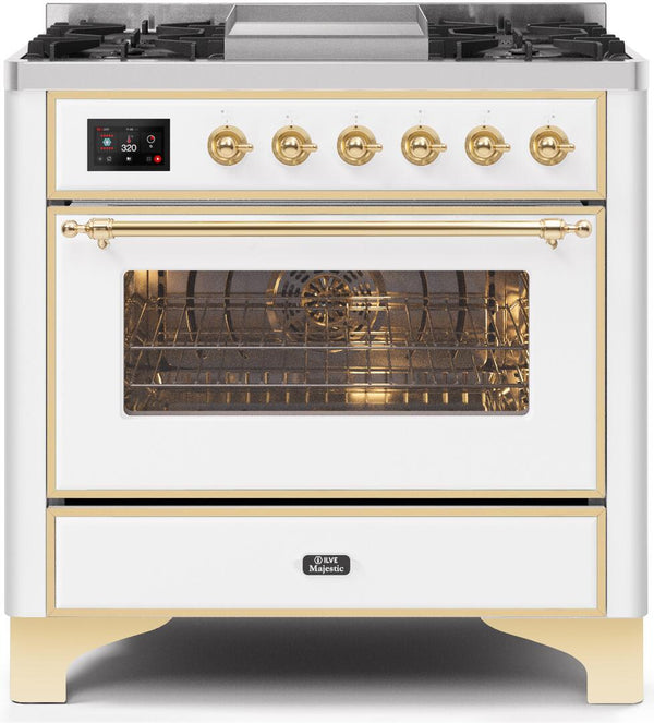 ILVE 36" Majestic II Dual Fuel Range with 6 Burners and Griddle - 3.5 cu. ft. Oven - Brass Trim in White (UM09FDNS3WHG)