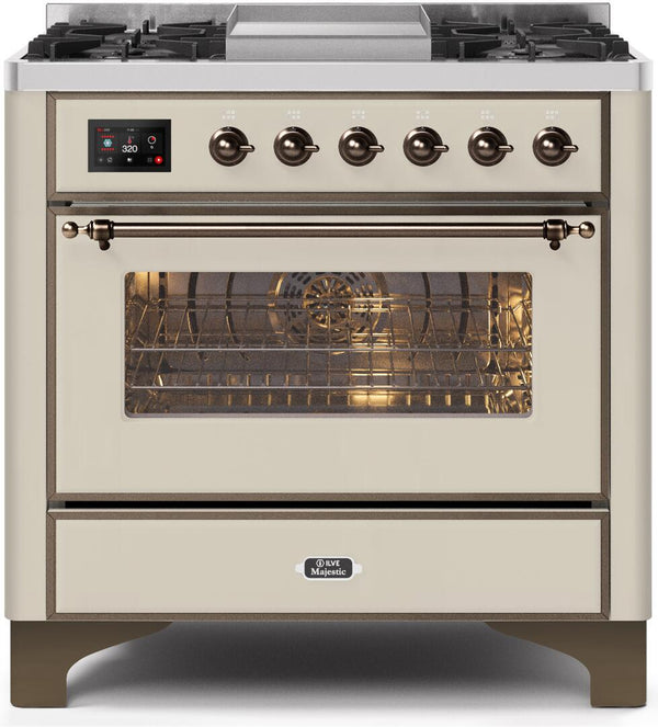 ILVE 36" Majestic II Dual Fuel Range with 6 Burners and Griddle - 3.5 cu. ft. Oven - Bronze Trim in Antique White (UM09FDNS3AWB)