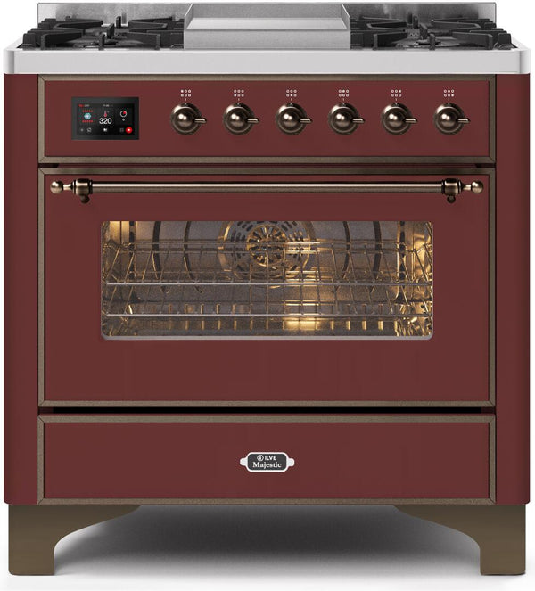 ILVE 36" Majestic II Dual Fuel Range with 6 Burners and Griddle - 3.5 cu. ft. Oven - Bronze Trim in Burgundy (UM09FDNS3BUB)