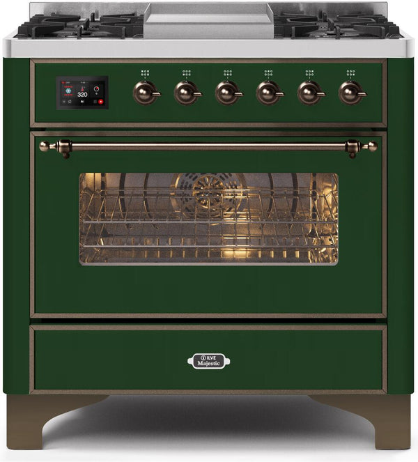 ILVE 36" Majestic II Dual Fuel Range with 6 Burners and Griddle - 3.5 cu. ft. Oven - Bronze Trim in Emerald Green (UM09FDNS3EGB)