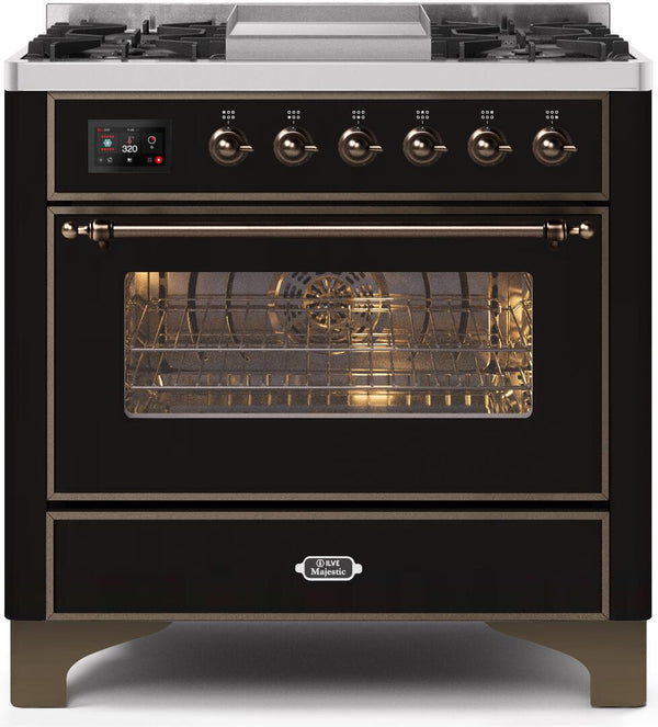 ILVE 36" Majestic II Dual Fuel Range with 6 Burners and Griddle - 3.5 cu. ft. Oven - Bronze Trim in Glossy Black (UM09FDNS3BKB)