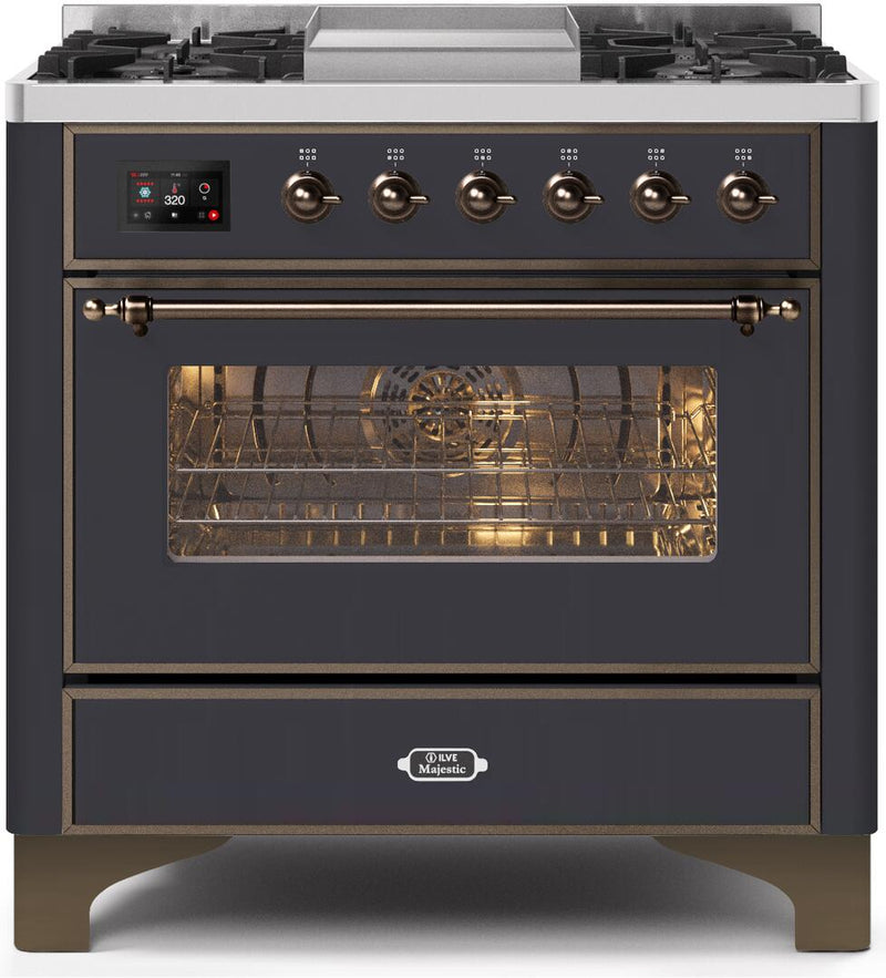 ILVE 36" Majestic II Dual Fuel Range with 6 Burners and Griddle - 3.5 cu. ft. Oven - Bronze Trim in Matte Graphite (UM09FDNS3MGB)