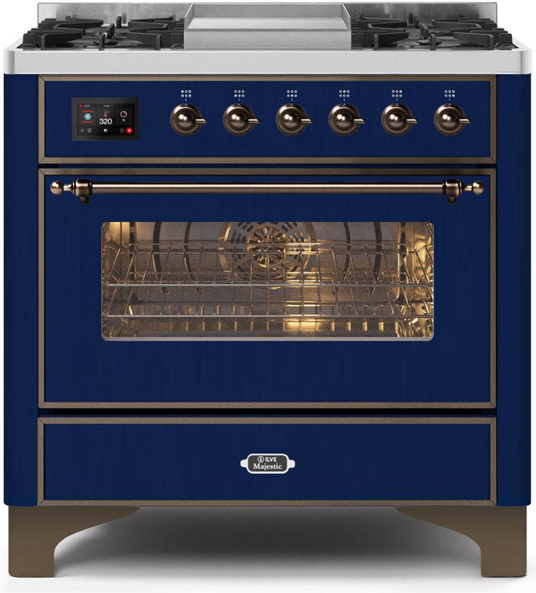 ILVE 36" Majestic II Dual Fuel Range with 6 Burners and Griddle - 3.5 cu. ft. Oven - Bronze Trim in Midnight Blue (UM09FDNS3MBB)