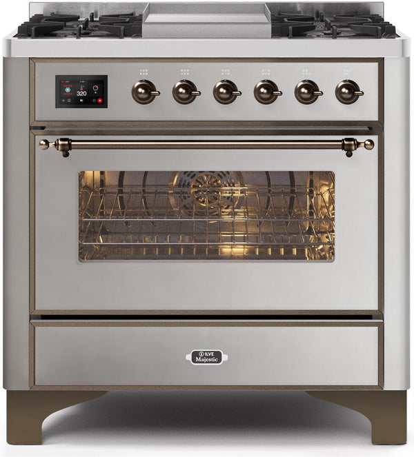 ILVE 36" Majestic II Dual Fuel Range with 6 Burners and Griddle - 3.5 cu. ft. Oven - Bronze Trim in Stainless Steel (UM09FDNS3SSB)