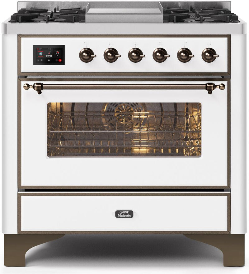 ILVE 36" Majestic II Dual Fuel Range with 6 Burners and Griddle - 3.5 cu. ft. Oven - Bronze Trim in White (UM09FDNS3WHB)