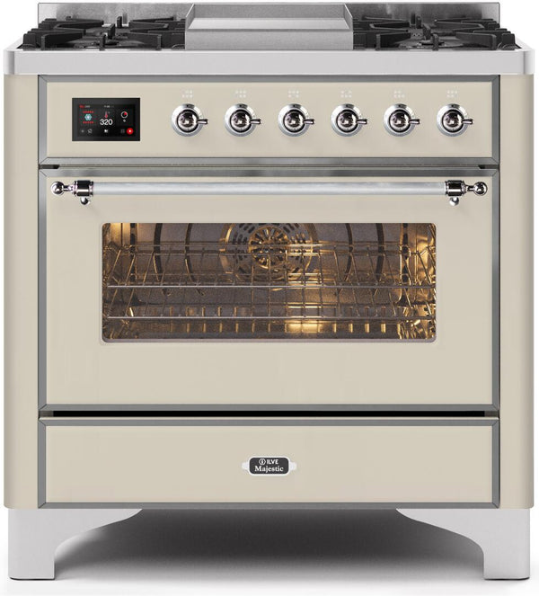 ILVE 36" Majestic II Dual Fuel Range with 6 Burners and Griddle - 3.5 cu. ft. Oven - Chrome Trim in Antique White (UM09FDNS3AWC)