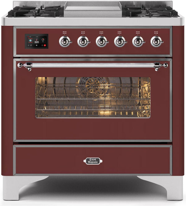 ILVE 36" Majestic II Dual Fuel Range with 6 Burners and Griddle - 3.5 cu. ft. Oven - Chrome Trim in Burgundy (UM09FDNS3BUC)