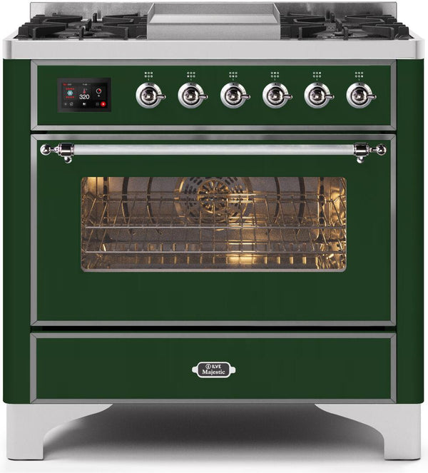 ILVE 36" Majestic II Dual Fuel Range with 6 Burners and Griddle - 3.5 cu. ft. Oven - Chrome Trim in Emerald Green (UM09FDNS3EGC)