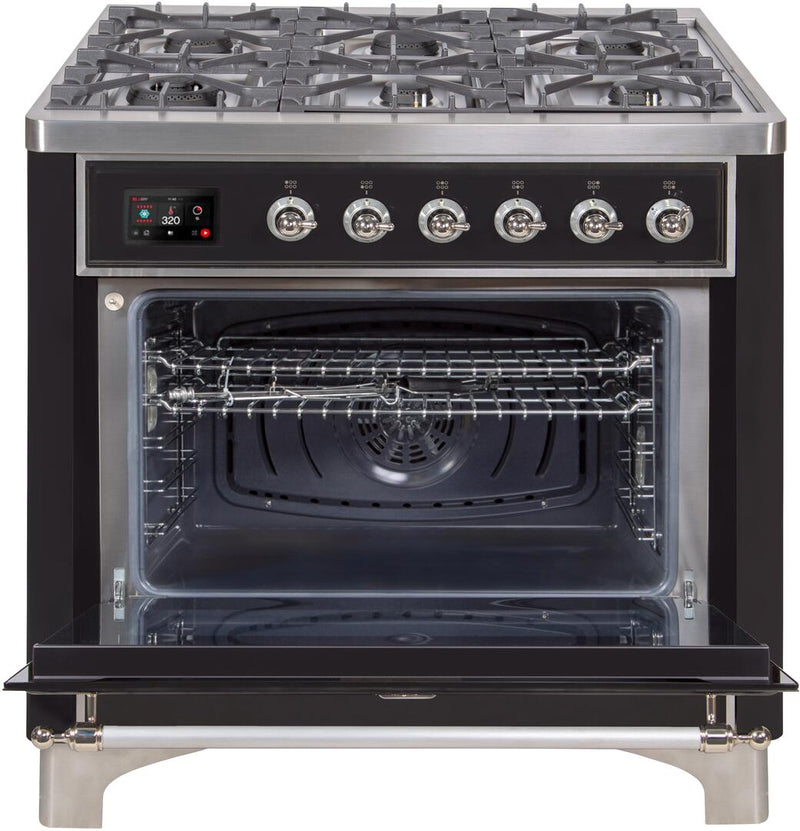 ILVE 36" Majestic II Dual Fuel Range with 6 Burners and Griddle - 3.5 cu. ft. Oven - Chrome Trim in Glossy Black (UM09FDNS3BKC)