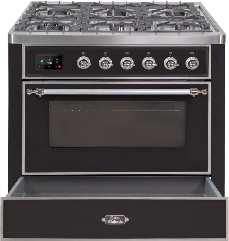 ILVE 36" Majestic II Dual Fuel Range with 6 Burners and Griddle - 3.5 cu. ft. Oven - Chrome Trim in Glossy Black (UM09FDNS3BKC)