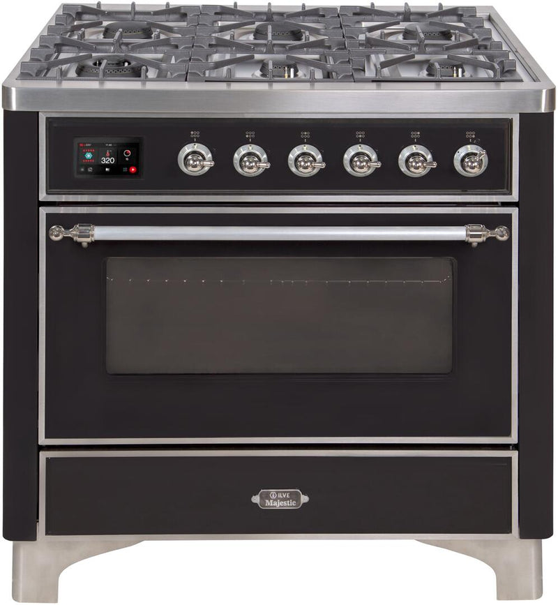 ILVE 36" Majestic II Dual Fuel Range with 6 Burners and Griddle - 3.5 cu. ft. Oven - Chrome Trim in Glossy Black (UM09FDNS3BKC)